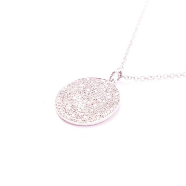 14K White Gold Round Pave Diamond Disc Necklace