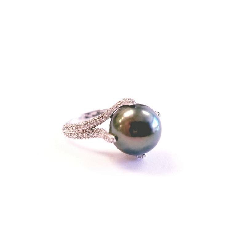 14K White Gold Split Shank Cocktail Ring with Genuine Diamonds and Large Black South Sea Pearl