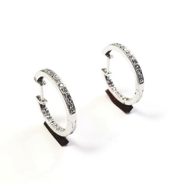 14K White Gold Thin Hoop Earrings With Diamonds