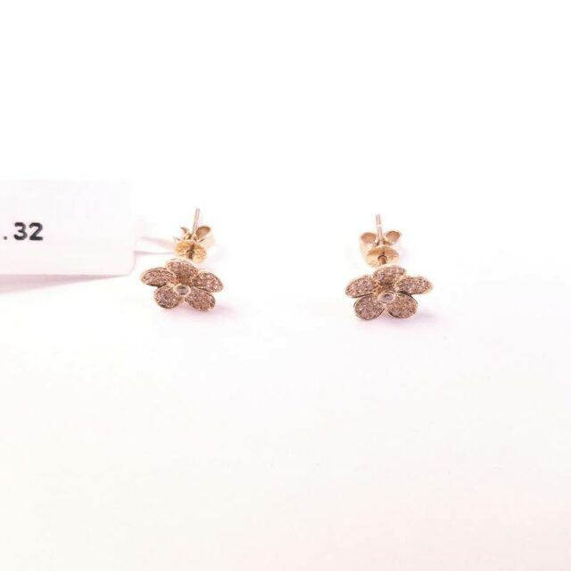 14K Yellow Gold 5 Petal Diamond Flower Stud Earrings