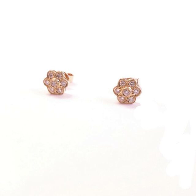 14K Yellow Gold 6 Petal Diamond Flower Stud Earrings