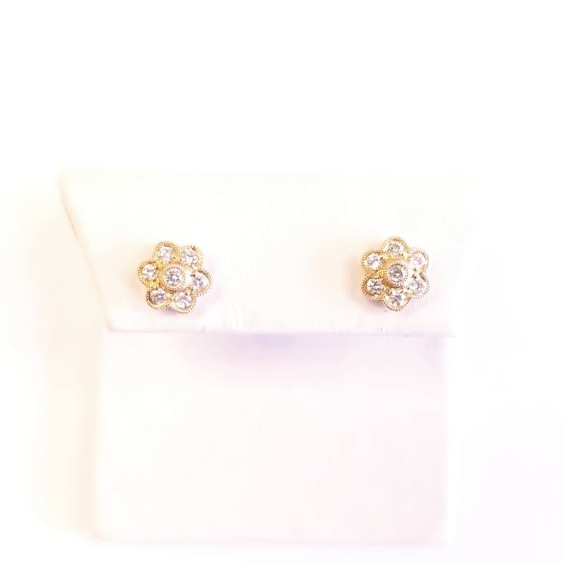 14K Yellow Gold 6 Petal Diamond Flower Stud Earrings