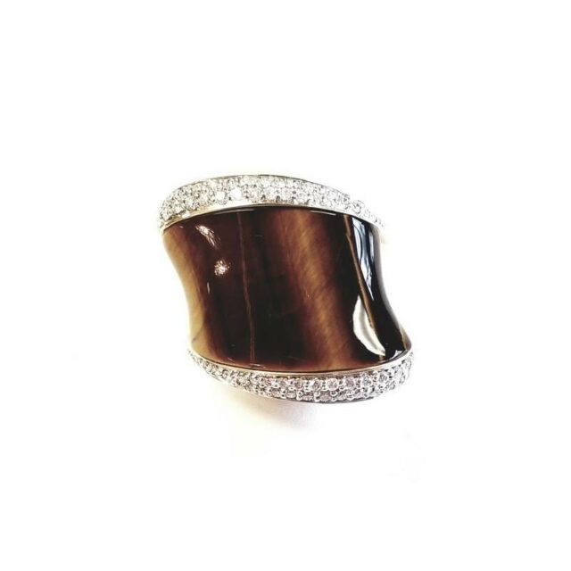 14K Yellow Gold Brown Tiger Eye Ring with Diamonds