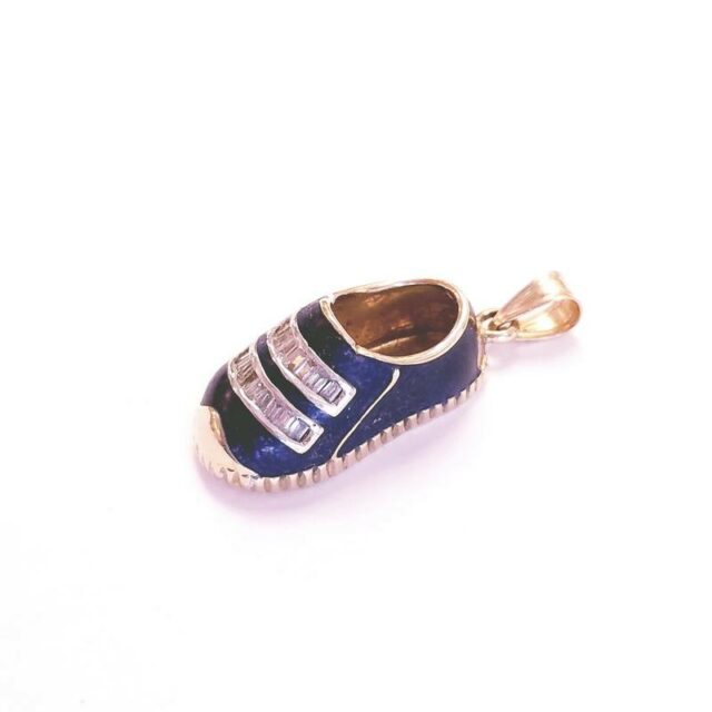 14K Yellow Gold Diamond and Enamel Baby Shoe Charms Pendant