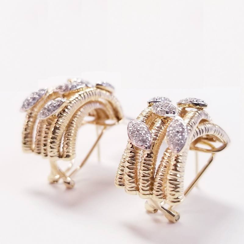 14K Yellow Gold Diamond Earrings With Vine Leaves