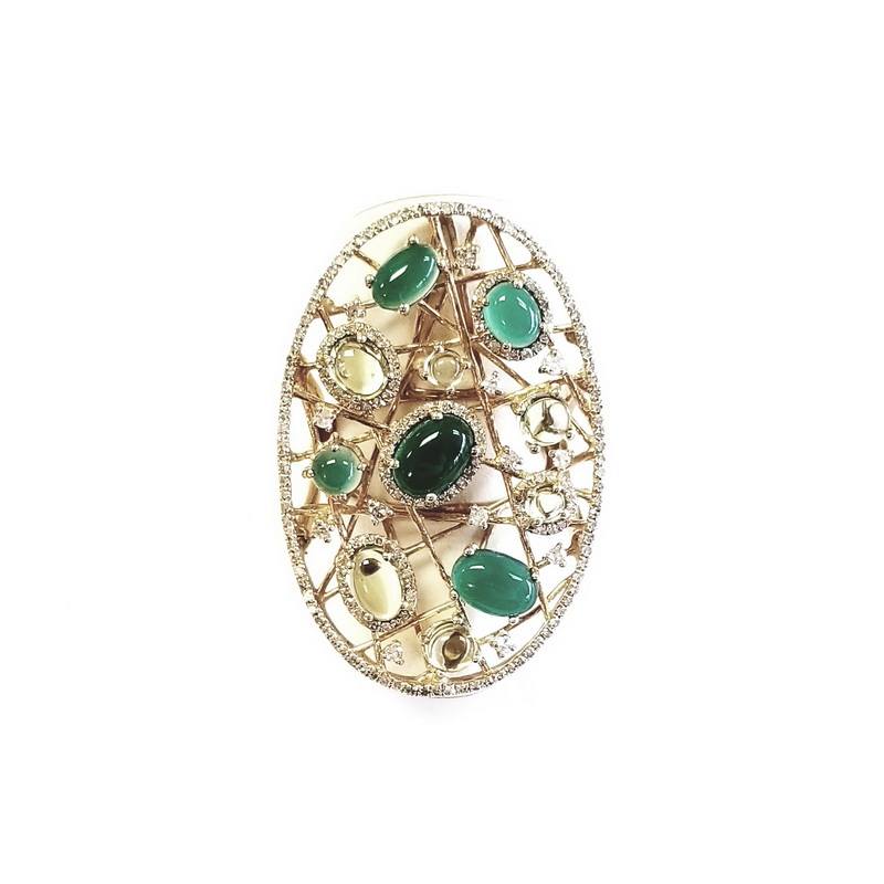 14K Yellow Gold Diamond Web Ring with Emerald and Citrine
