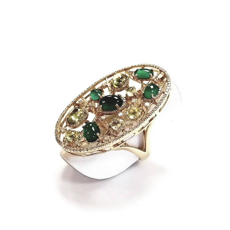 14K Yellow Gold Diamond Web Ring with Emerald and Citrine