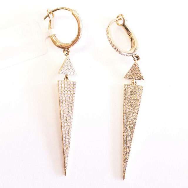 14K Yellow Gold Long Triangular Drop Earrings with Diamonds