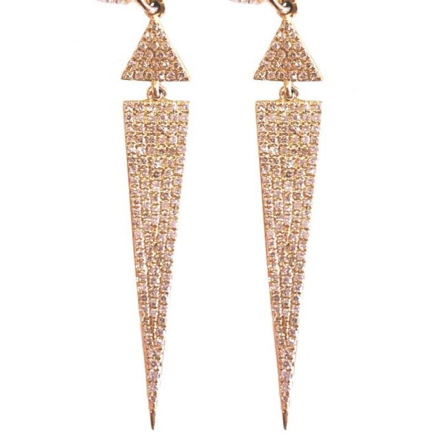 14K Yellow Gold Long Triangular Drop Earrings with Diamonds