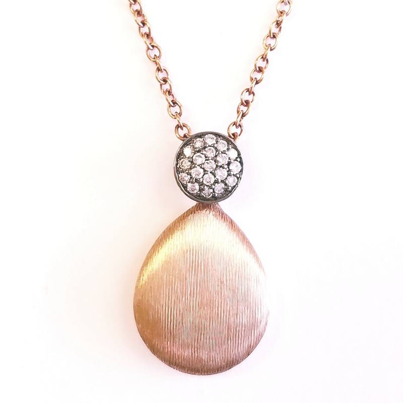 18K Rose Gold Black Pave Diamond and Brushed Gold Drop Necklace
