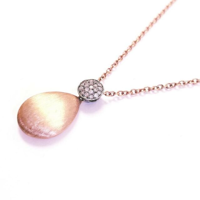 18K Rose Gold Black Pave Diamond and Brushed Gold Drop Necklace