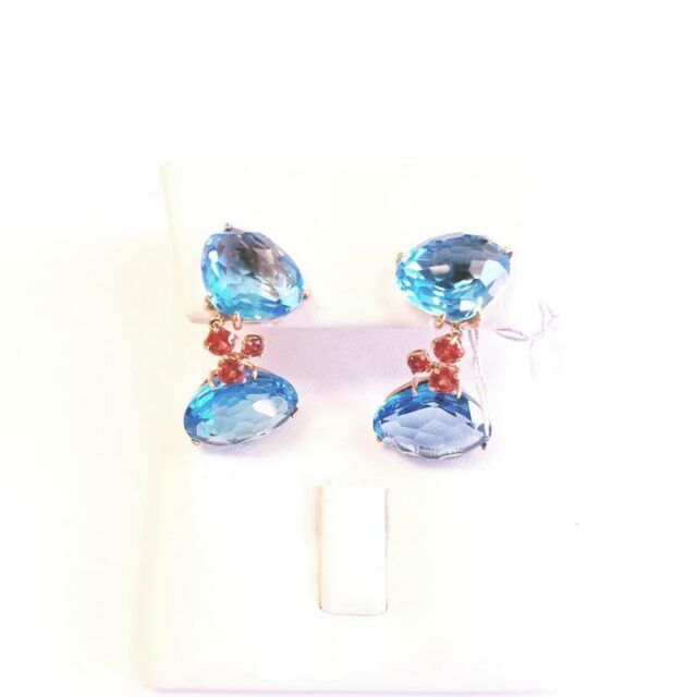 18K Rose Gold Blue Topaz Drop Earrings With Pink Sapphires