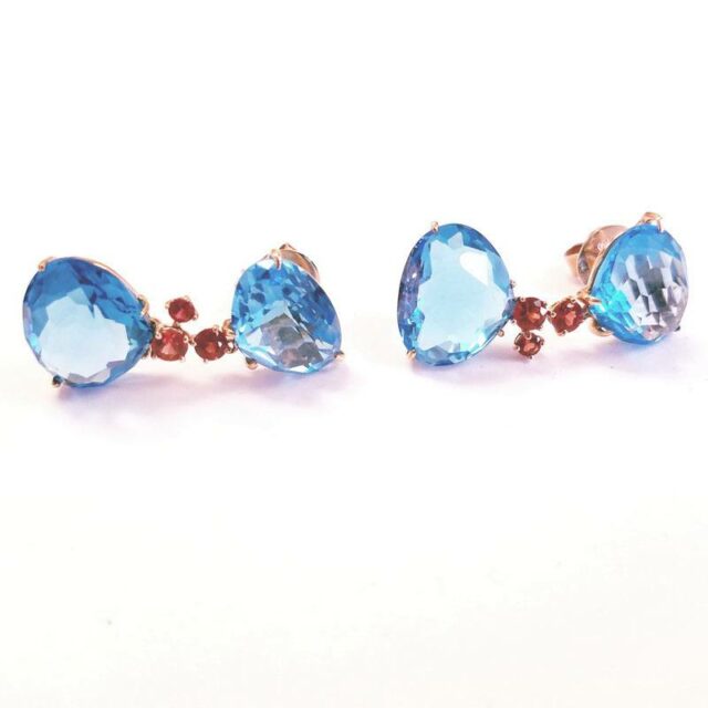 18K Rose Gold Blue Topaz Drop Earrings With Pink Sapphires