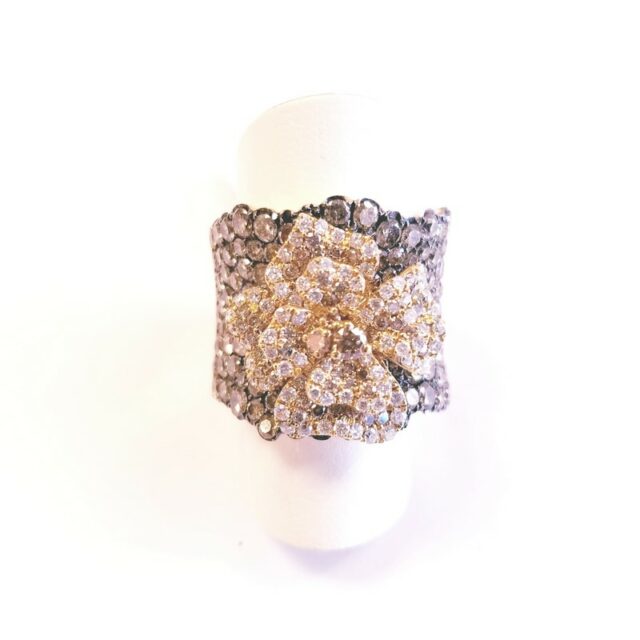 18K Rose Gold Pave Band Flower Ring with White and Brown Diamonds