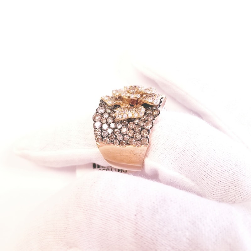 18K Rose Gold Pave Band Flower Ring with White and Brown Diamonds