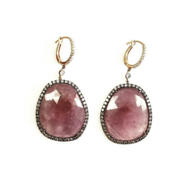 18K Rose Gold Paved Diamond Disc Earrings With Pink Sapphire