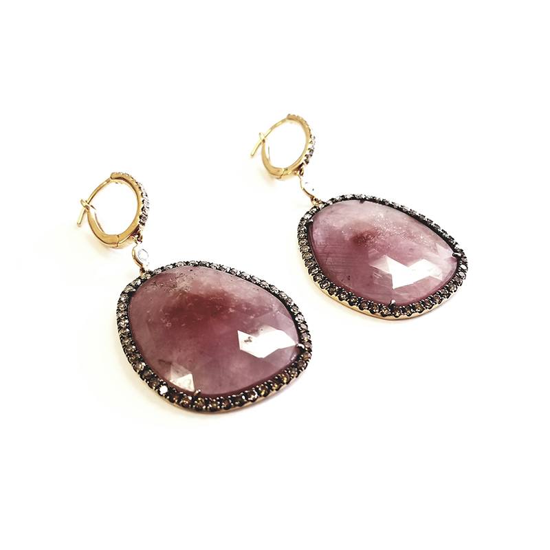 18K Rose Gold Paved Diamond Disc Earrings With Pink Sapphire