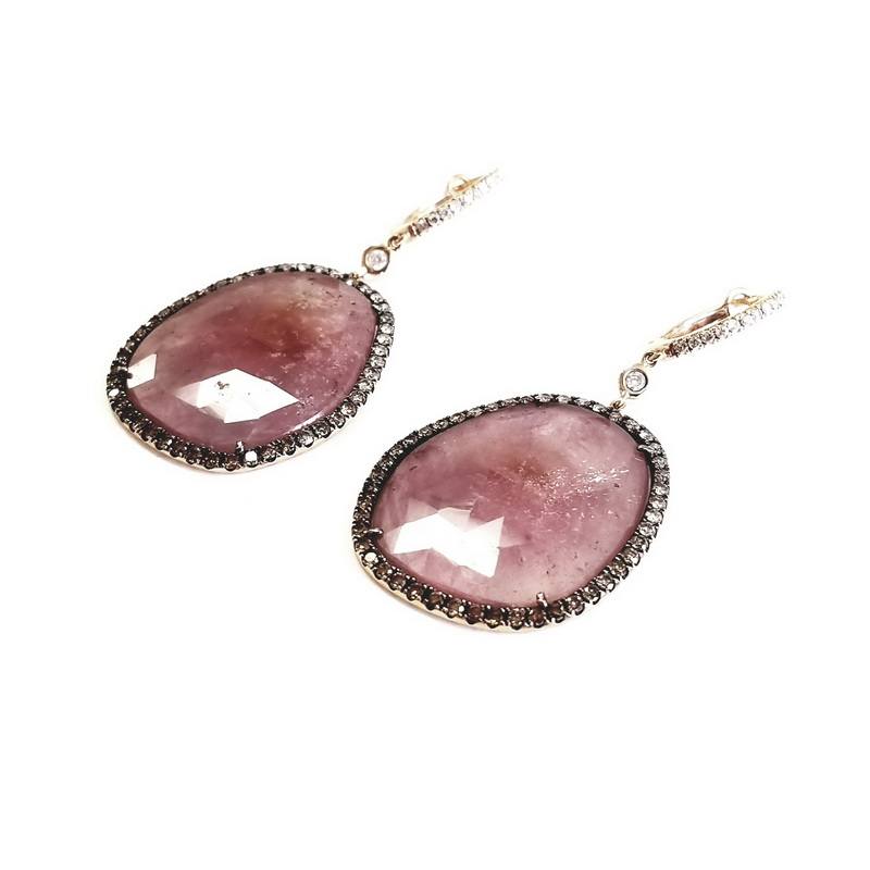 18K Rose Gold Paved Diamond Disc Earrings With Pink Sapphire