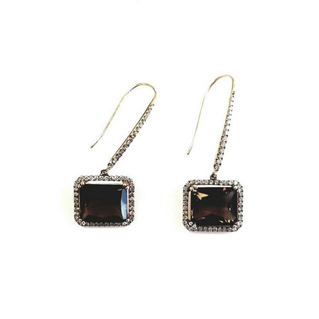 18K Rose Gold Paved Diamond Square Earrings With Smoky Topaz