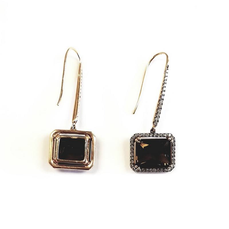 18K Rose Gold Paved Diamond Square Earrings With Smoky Topaz
