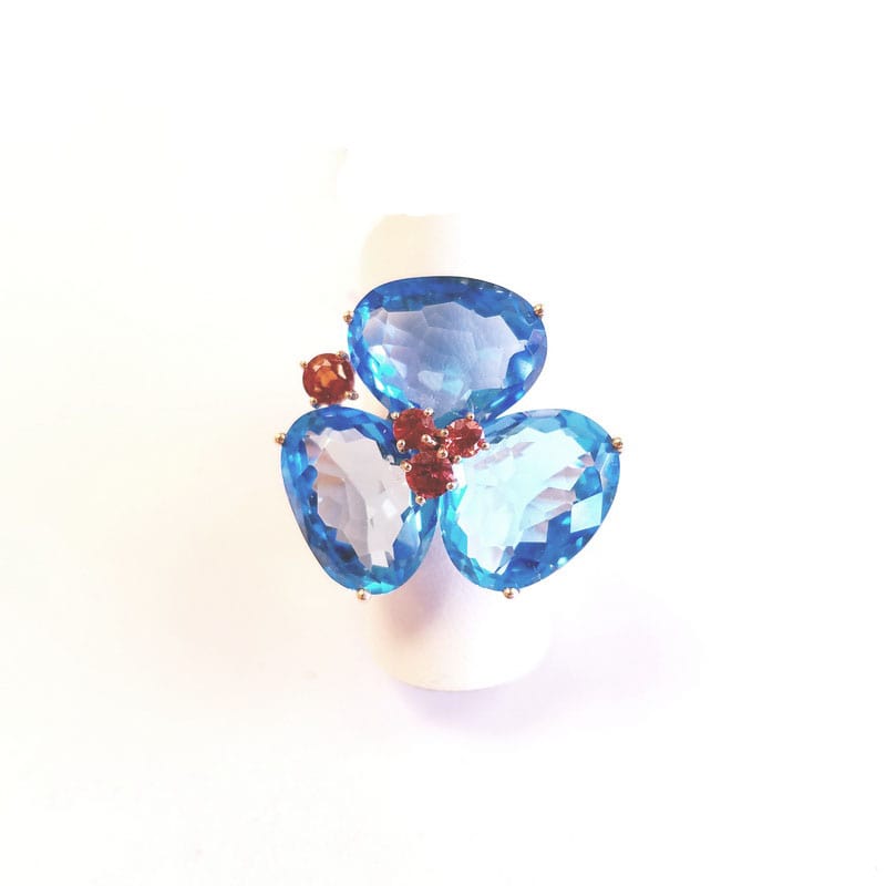 18K Rose Gold Petal Flower Ring with Genuine Blue Topaz and Red Sapphires