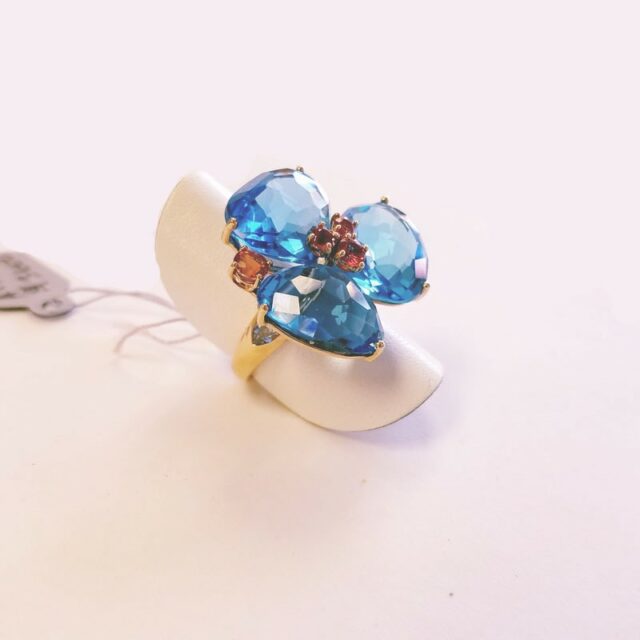 18K Rose Gold Petal Flower Ring with Genuine Blue Topaz and Red Sapphires