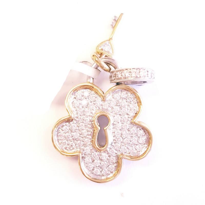 18K White and Yellow Gold Flower Lock and Key Pendant with Diamonds