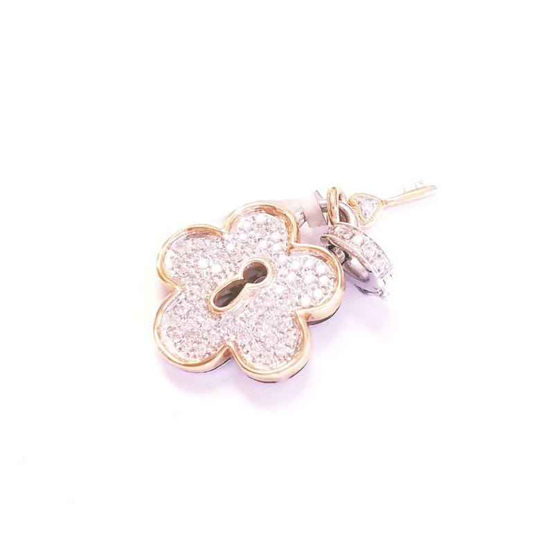 18K White and Yellow Gold Flower Lock and Key Pendant with Diamonds