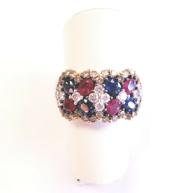 18K White and Yellow Gold Wide Band Ring with Multi Colored Gemstones