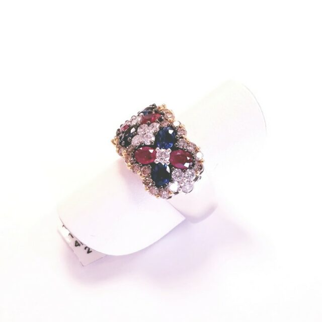 18K White and Yellow Gold Wide Band Ring with Multi Colored Gemstones