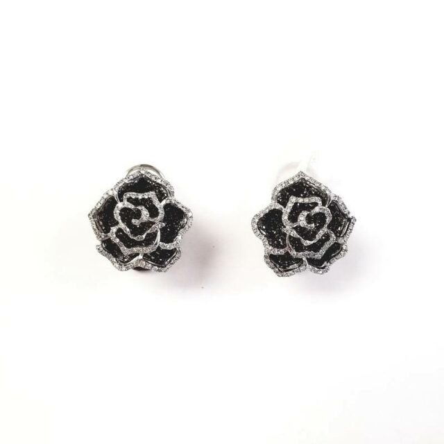 18K White Gold Black Rose Earrings With Black And White Diamonds