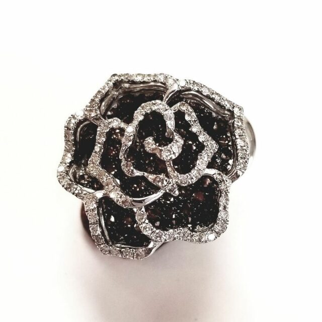 18K White Gold Black Rose Earrings With Black And White Diamonds