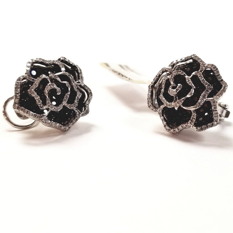 18K White Gold Black Rose Earrings With Black And White Diamonds