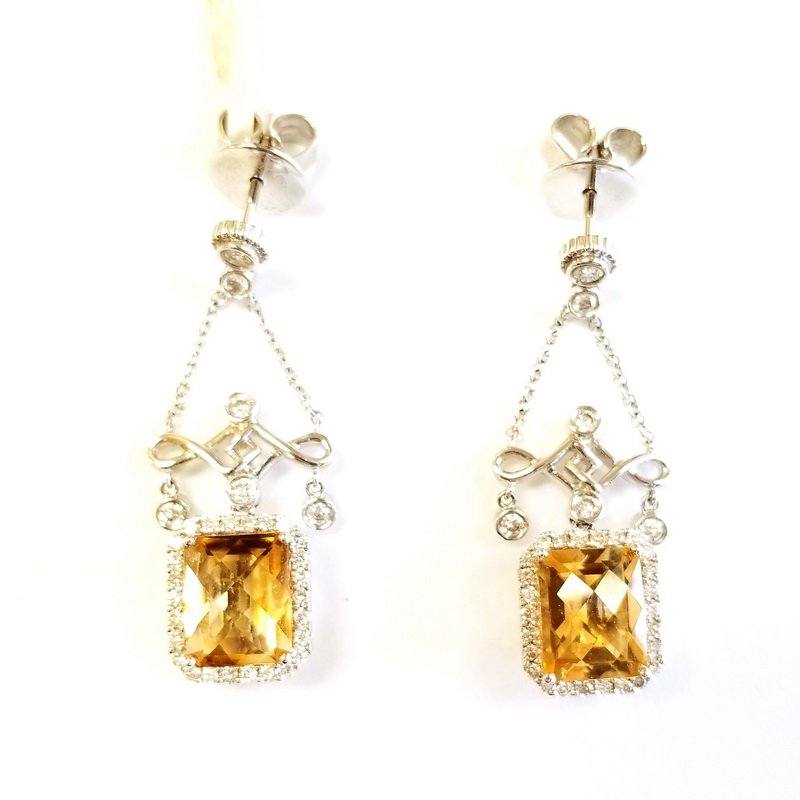18K White Gold Chandelier Diamond Earrings With Yellow Topaz