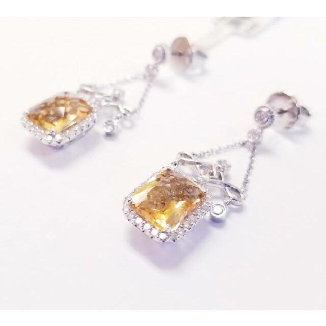 18K White Gold Chandelier Diamond Earrings With Yellow Topaz