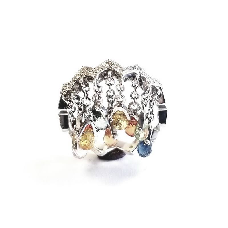 18K White Gold Chandelier Diamond Ring with Multicolor Sapphire