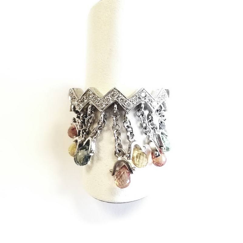 18K White Gold Chandelier Diamond Ring with Multicolor Sapphire
