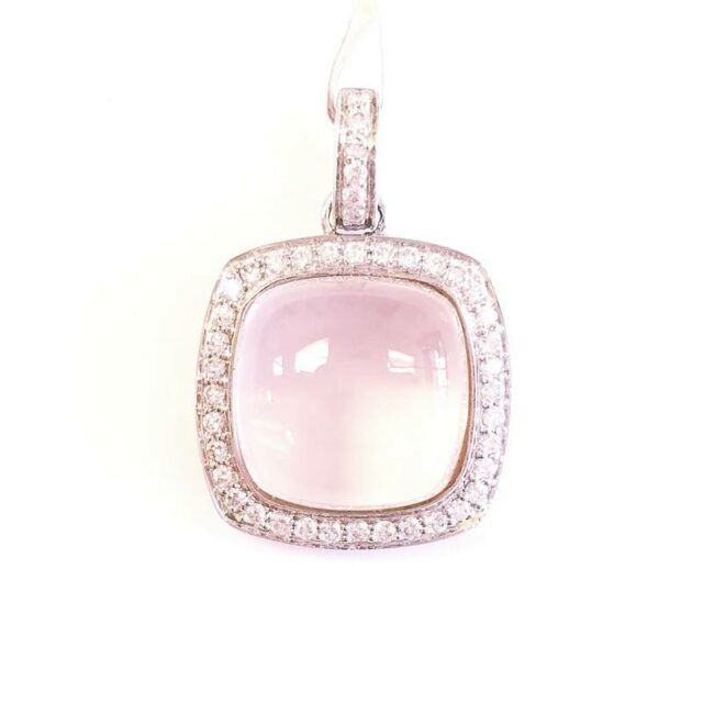 18K White Gold Diamond and Rose Quartz Cabochon Square Pendant