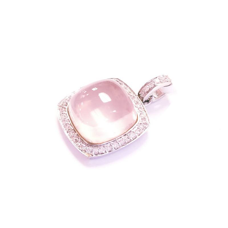 18K White Gold Diamond and Rose Quartz Cabochon Square Pendant