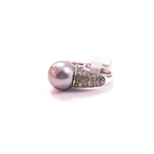 18K White Gold Diamond Cocktail Ring with Large Grey South Sea Pearl