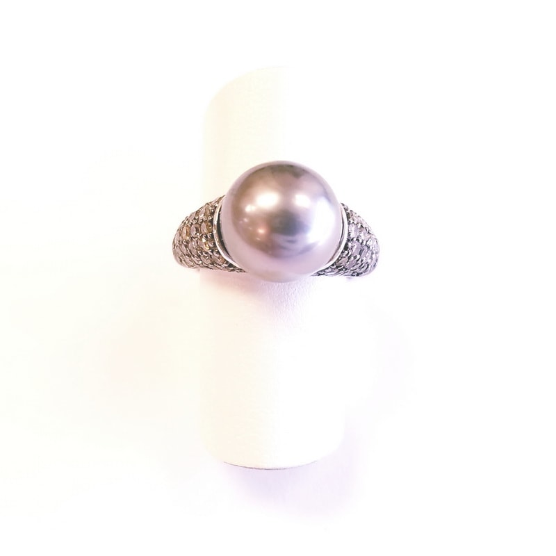 18K White Gold Diamond Cocktail Ring with Large Grey South Sea Pearl