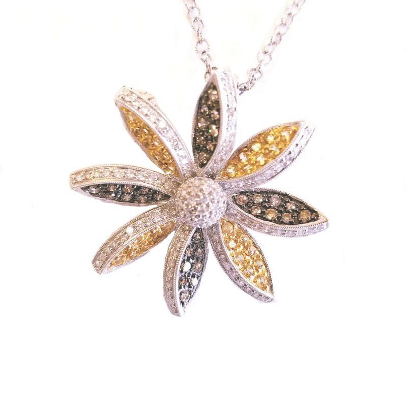 18K White Gold Diamond Flower Necklace with Brown Diamonds and Yellow Sapphires