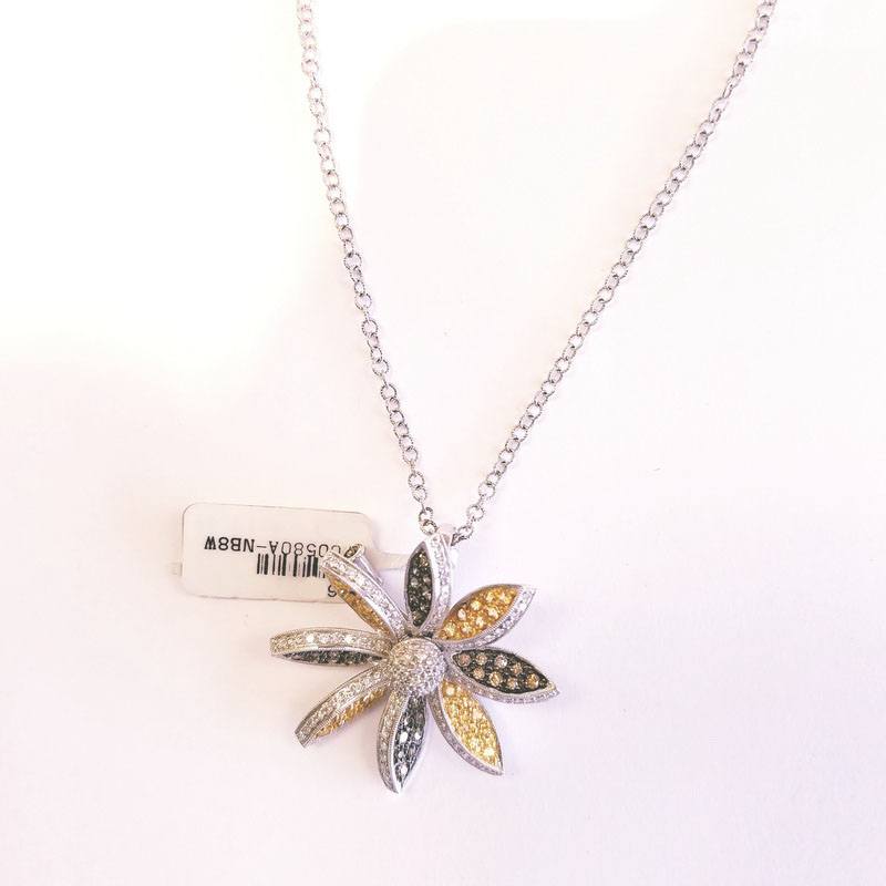 18K White Gold Diamond Flower Necklace with Brown Diamonds and Yellow Sapphires