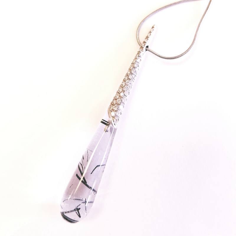 18k White Gold Diamond Necklace with Teardrop Shaped Rutilated Quartz