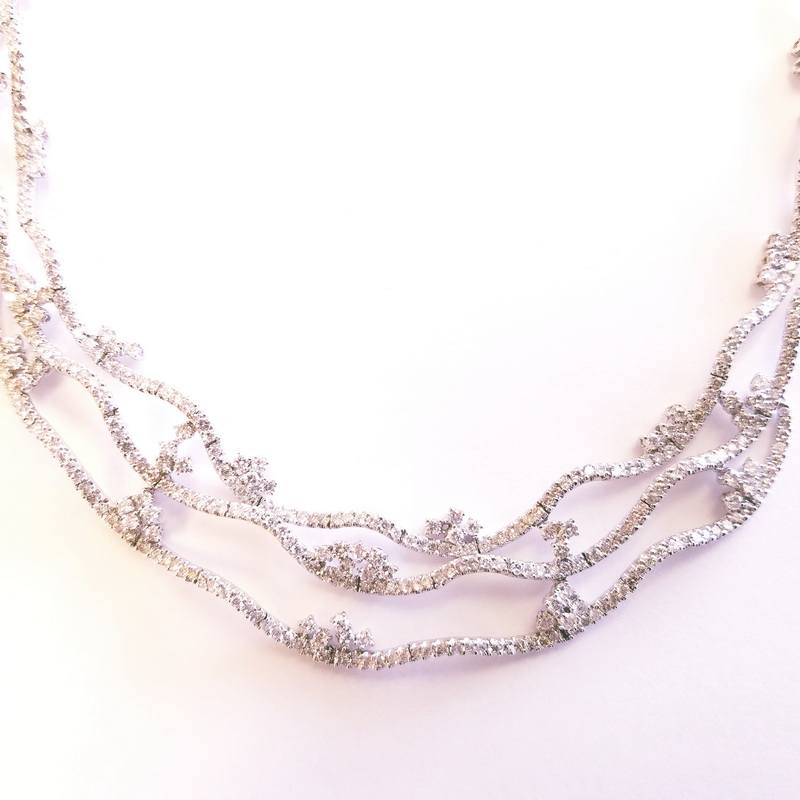 18K White Gold Diamond Triple Wave Necklace