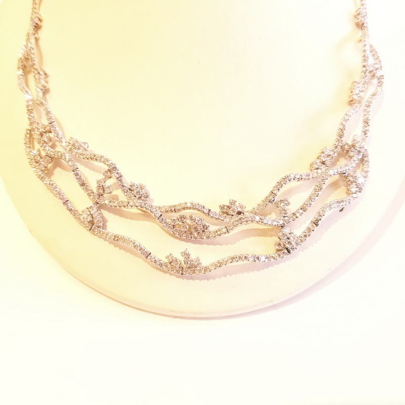 18K White Gold Diamond Triple Wave Necklace