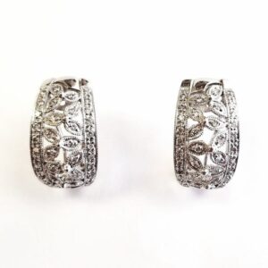 18K White Gold Engraved 3 Petal Flower Earrings With Diamonds