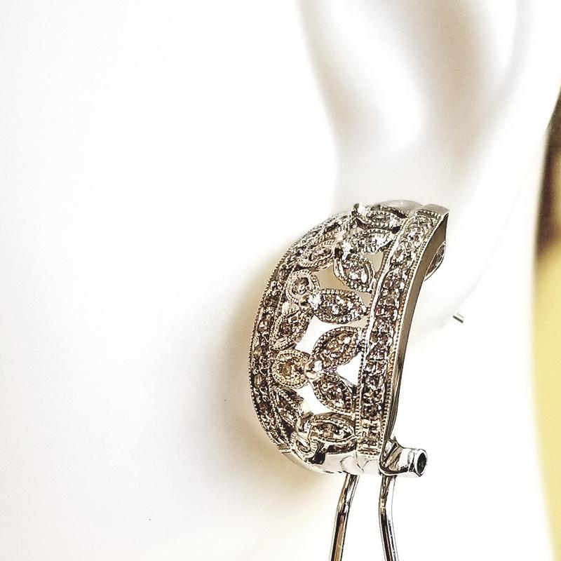 18K White Gold Engraved 3 Petal Flower Earrings With Diamonds