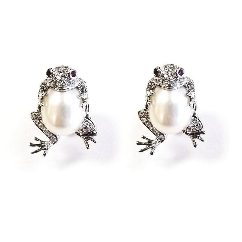 18K White Gold Frog Pearl Earrings With Gemstones