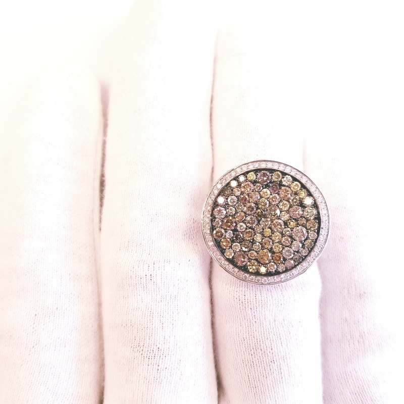 18K White Gold Large Round Pave Cocktail Ring with Multi Colored Diamonds